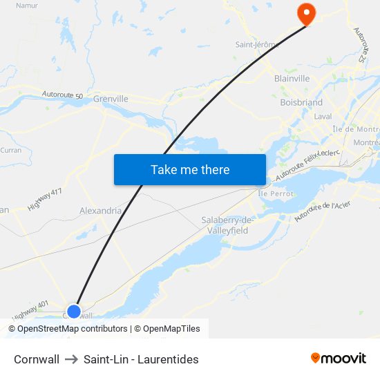 Cornwall to Saint-Lin - Laurentides map