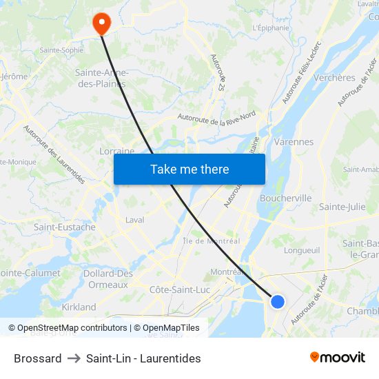 Brossard to Saint-Lin - Laurentides map