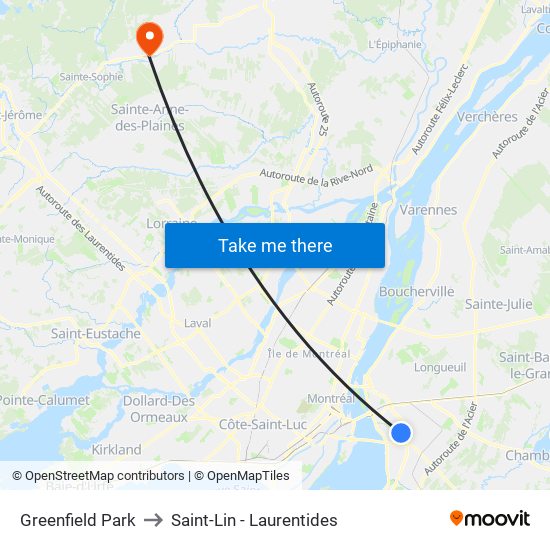 Greenfield Park to Saint-Lin - Laurentides map