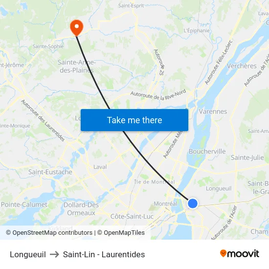 Longueuil to Saint-Lin - Laurentides map