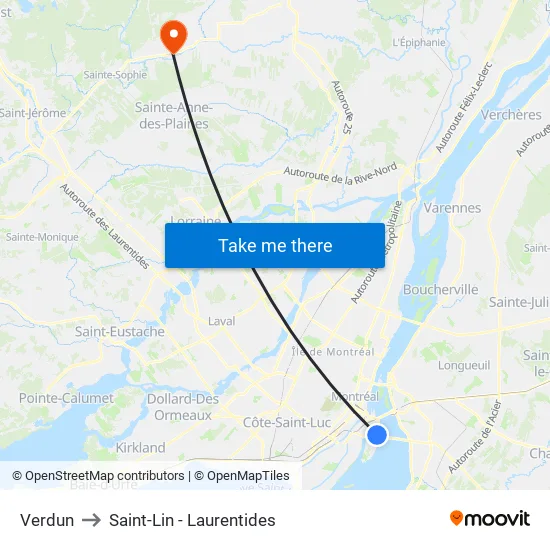 Verdun to Saint-Lin - Laurentides map
