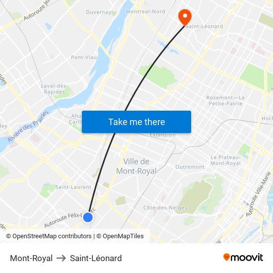 Mont-Royal to Saint-Léonard map