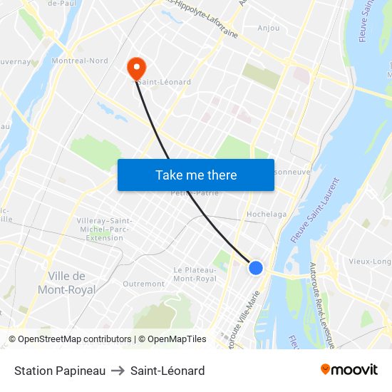 Station Papineau to Saint-Léonard map