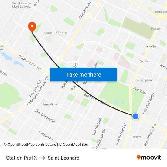 Station Pie IX to Saint-Léonard map