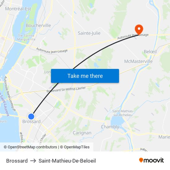 Brossard to Saint-Mathieu-De-Beloeil map