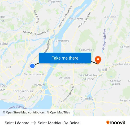 Saint-Léonard to Saint-Mathieu-De-Beloeil map