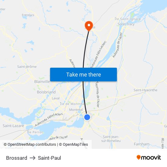 Brossard to Saint-Paul map