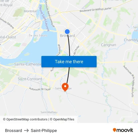 Brossard to Saint-Philippe map