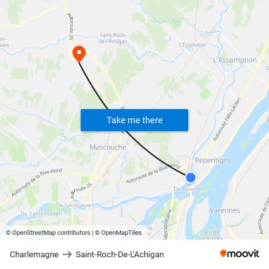 Charlemagne to Saint-Roch-De-L'Achigan map