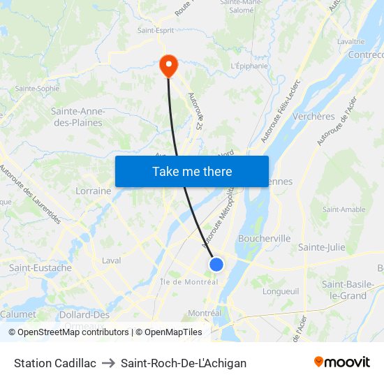 Station Cadillac to Saint-Roch-De-L'Achigan map