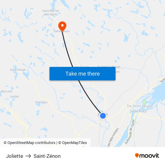 Joliette to Saint-Zénon map