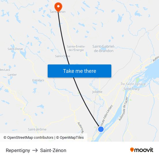 Repentigny to Saint-Zénon map