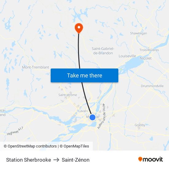 Station Sherbrooke to Saint-Zénon map