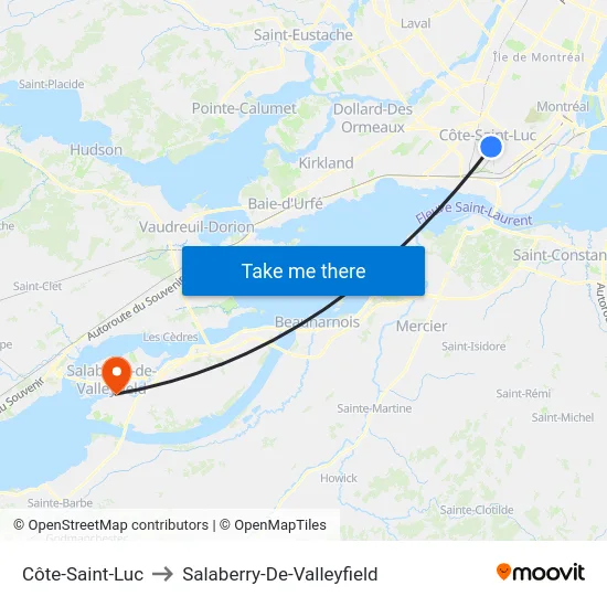 Côte-Saint-Luc to Salaberry-De-Valleyfield map