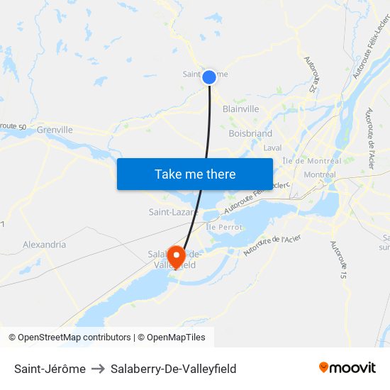 Saint-Jérôme to Salaberry-De-Valleyfield map