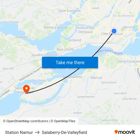 Station Namur to Salaberry-De-Valleyfield map