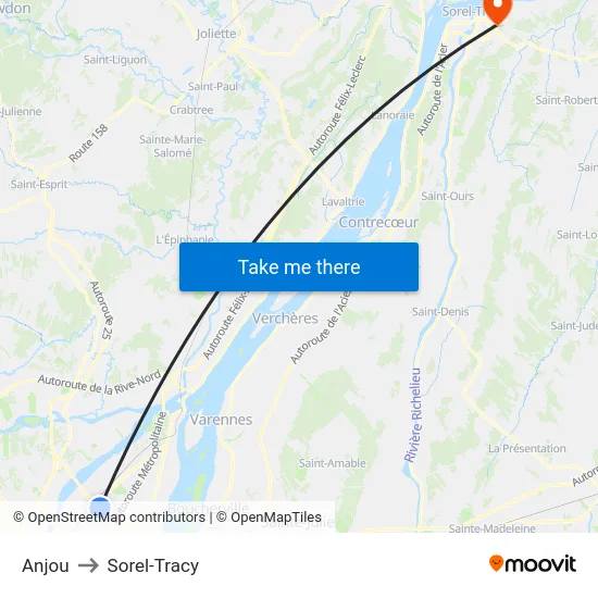 Anjou to Sorel-Tracy map