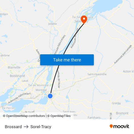 Brossard to Sorel-Tracy map