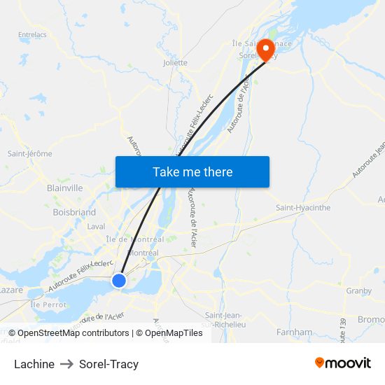 Lachine to Sorel-Tracy map