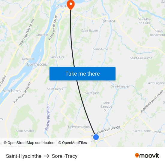 Saint-Hyacinthe to Sorel-Tracy map