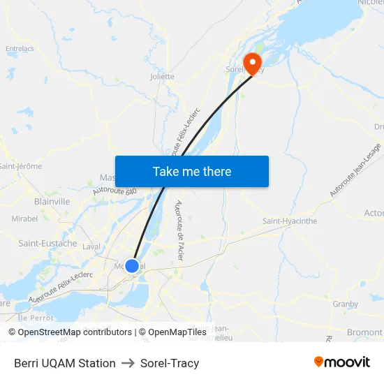 Berri UQAM Station to Sorel-Tracy map