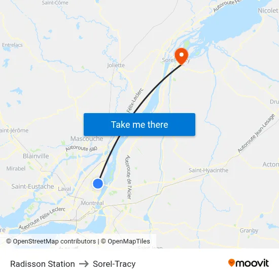 Radisson Station to Sorel-Tracy map