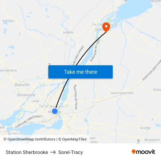 Station Sherbrooke to Sorel-Tracy map