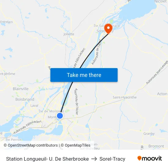 Station Longueuil- U. De Sherbrooke to Sorel-Tracy map