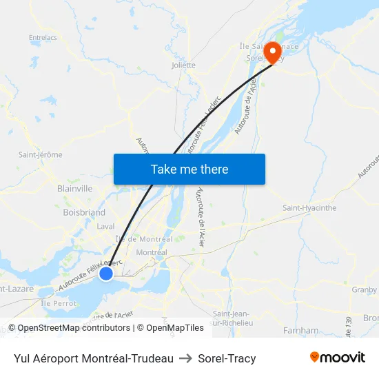 Yul Aéroport Montréal-Trudeau to Sorel-Tracy map