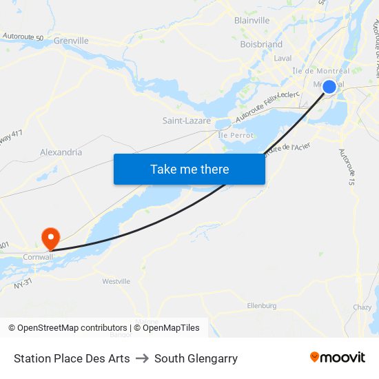 Station Place Des Arts to South Glengarry map