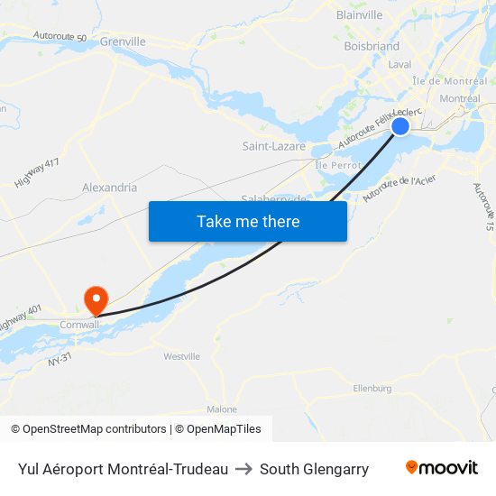 Yul Aéroport Montréal-Trudeau to South Glengarry map