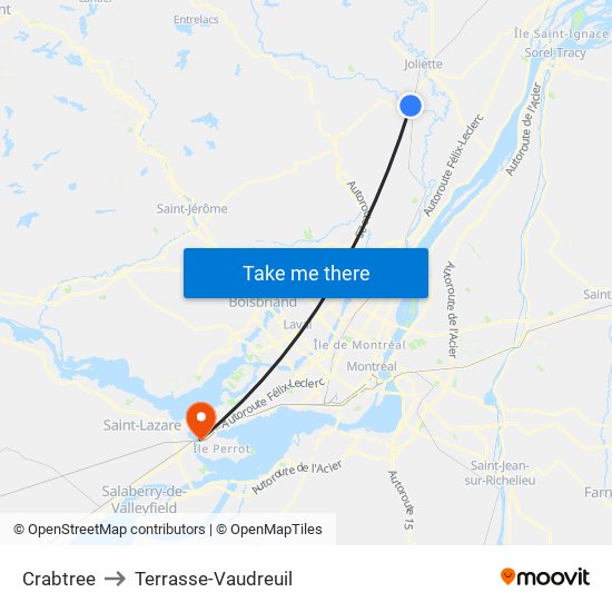 Crabtree to Terrasse-Vaudreuil map