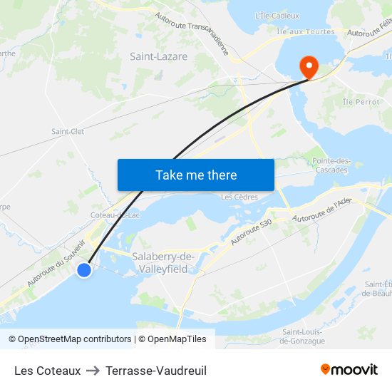 Les Coteaux to Terrasse-Vaudreuil map