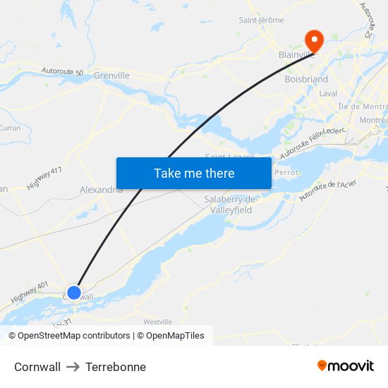 Cornwall to Terrebonne map