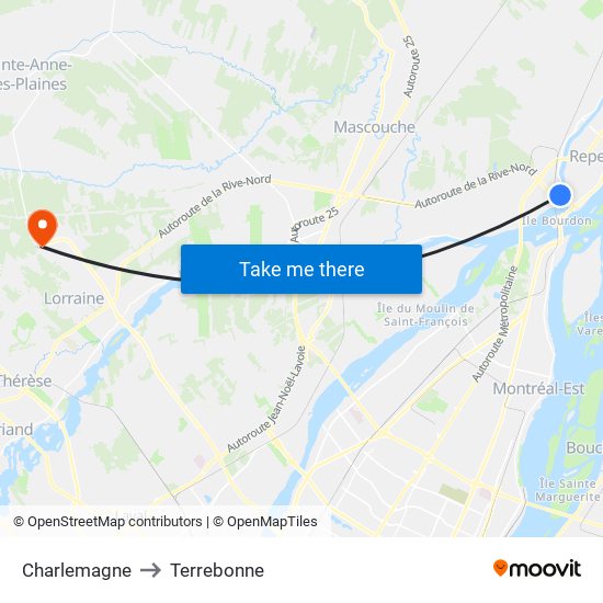 Charlemagne to Terrebonne map