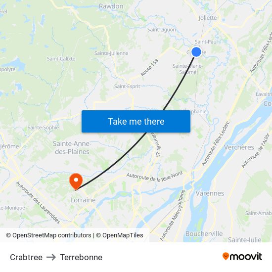 Crabtree to Terrebonne map