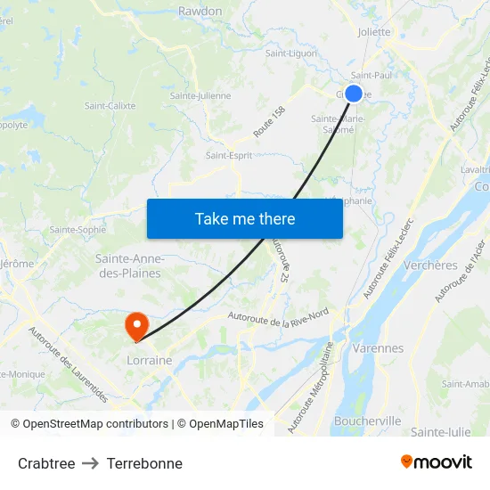 Crabtree to Terrebonne map