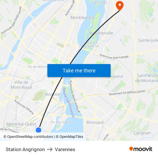 Station Angrignon to Varennes map