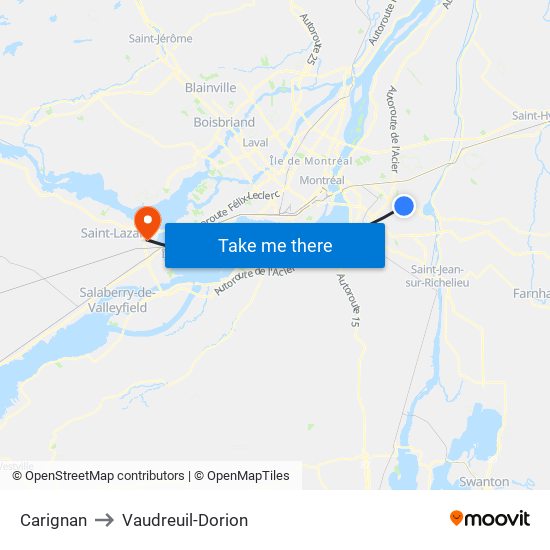 Carignan to Vaudreuil-Dorion map
