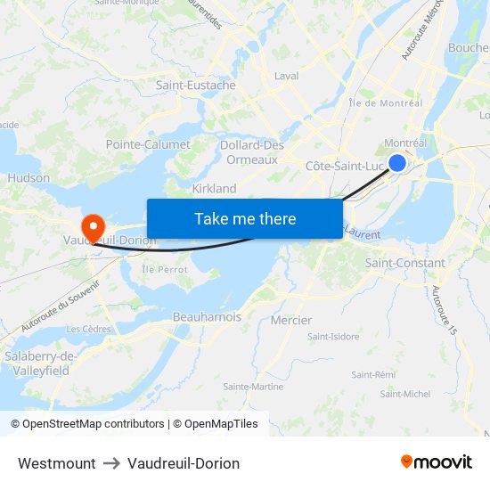 Westmount to Vaudreuil-Dorion map