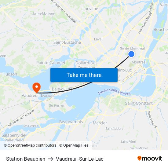 Station Beaubien to Vaudreuil-Sur-Le-Lac map