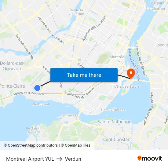 Montreal Airport YUL to Verdun map