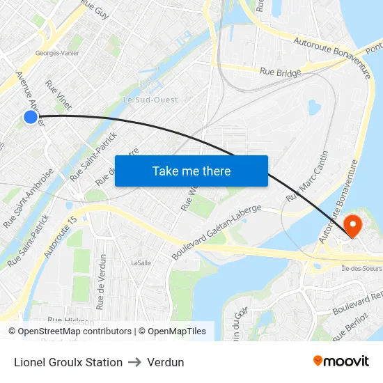 Lionel Groulx Station to Verdun map