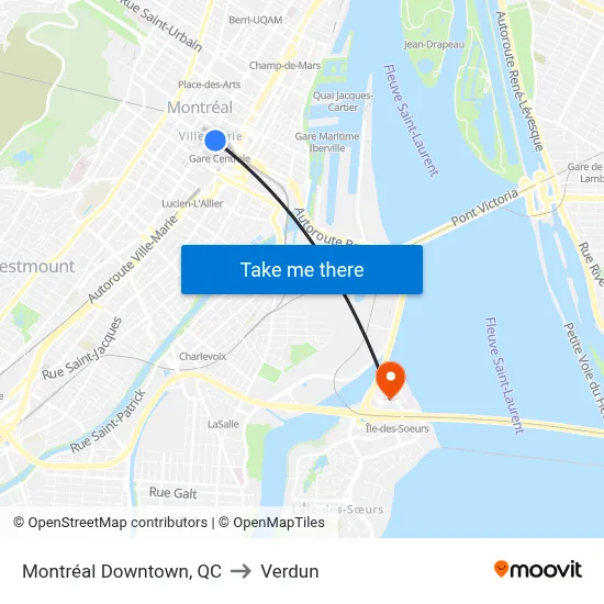 Montréal Downtown, QC to Verdun map