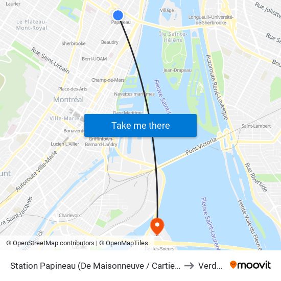 Station Papineau (De Maisonneuve / Cartier) to Verdun map