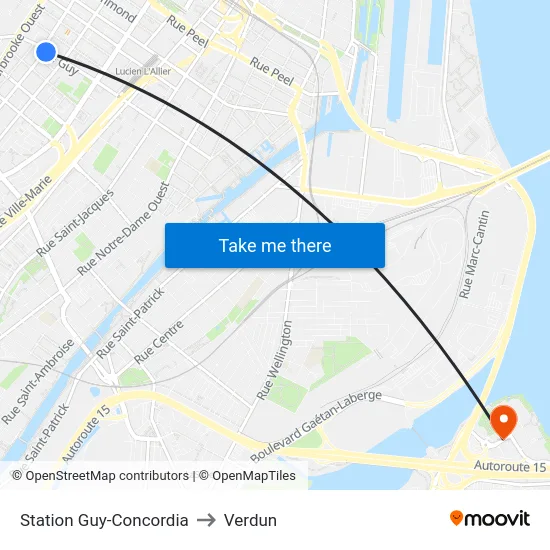 Station Guy-Concordia to Verdun map