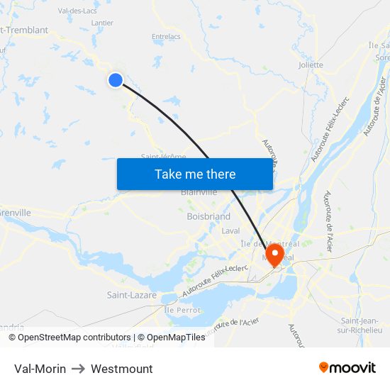 Val-Morin to Westmount map