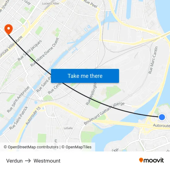 Verdun to Westmount map