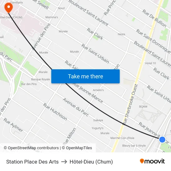 Station Place Des Arts to Hôtel-Dieu (Chum) map