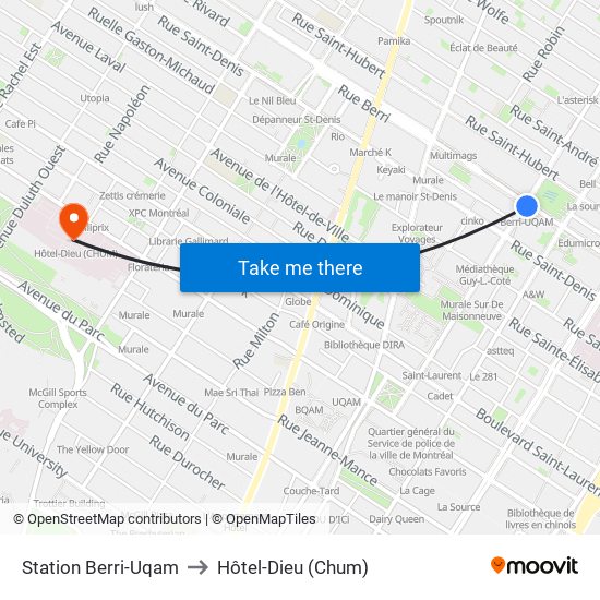 Station Berri-Uqam to Hôtel-Dieu (Chum) map